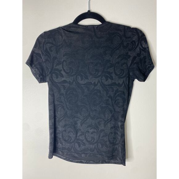 Vintage Gray Black Contrast Jacquard Pattern Stretchy Short-sleeved Top Small - Picture 6 of 8